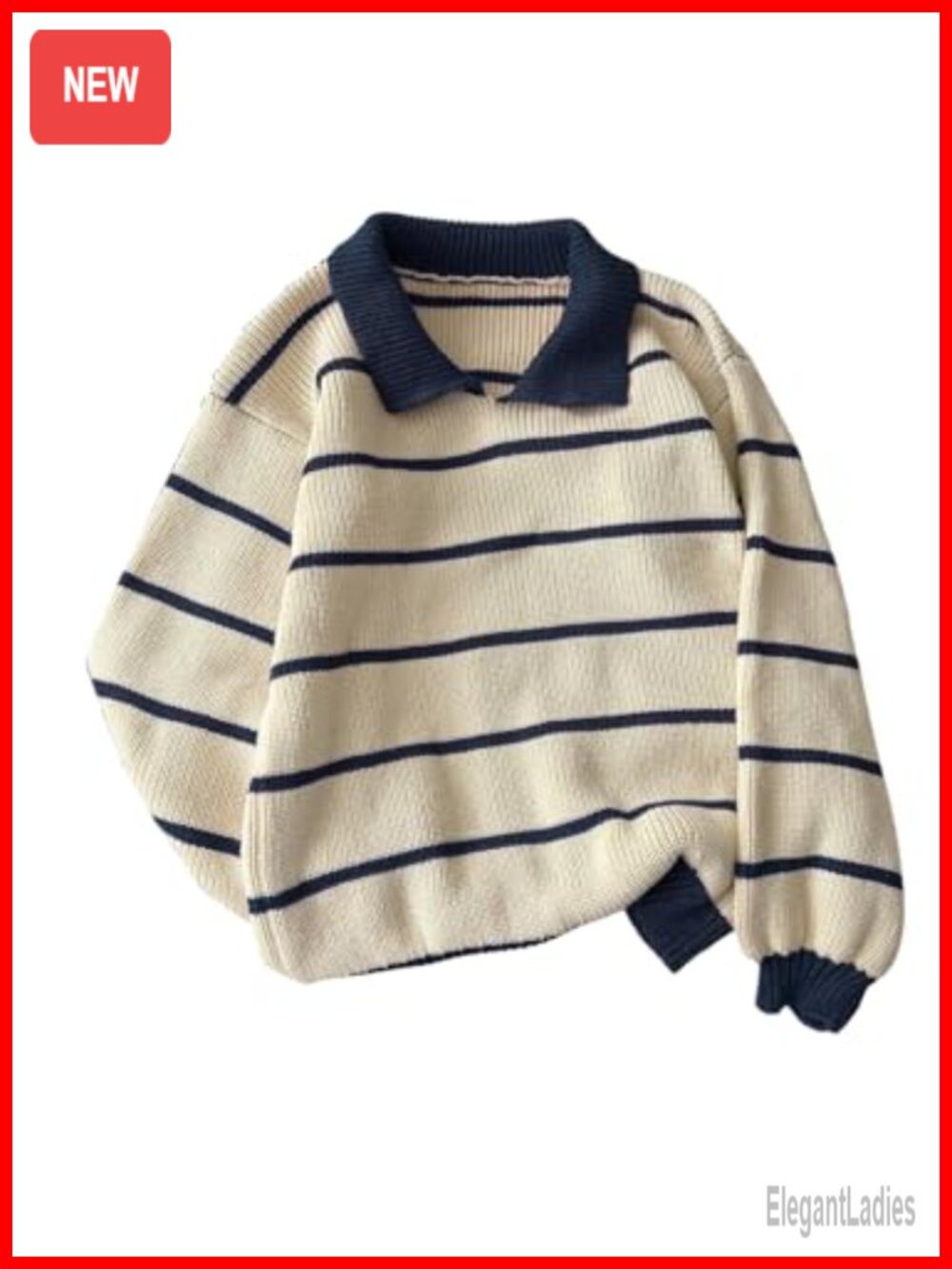 Striped Collared Oversized Knit Pullover Sweater Long Sleeve